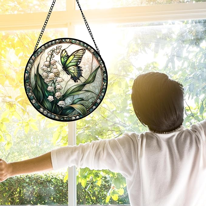 Stained Glass Window Hanging, Lily of The Valley Flower Butterfly Suncatcher for Doors Home Sun Catchers Decoration and Christmas, Mother's Day Birthday Gifts for Women, Men, Mom 9.8 in