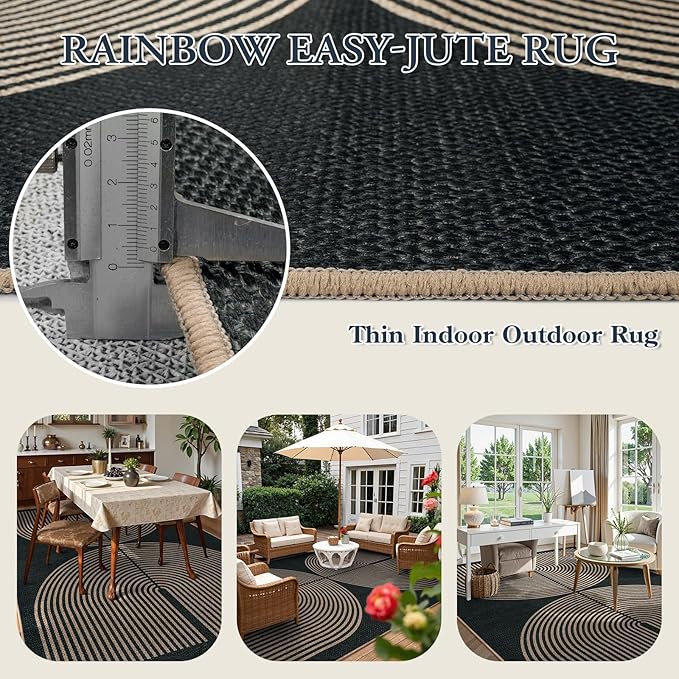 Lahome Modern Rainbow Easy Jute Outdoor Carpet, Washable Rugs 9x12 for Living Room Patio Large Farmhouse Indoor Outdoor Carpet, Contemporary Black Dining Room Rugs for Under Table Office Backyard