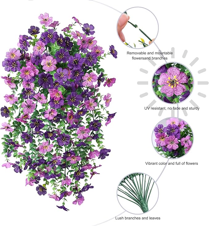 HyeFlora Artificial Flowers for Outdoors Decoration, 2Pcs Dark Purple and Purple Fake Hanging Flowers, UV & Fading Resistant, Faux Decor for Porch Patio Balcony Planter