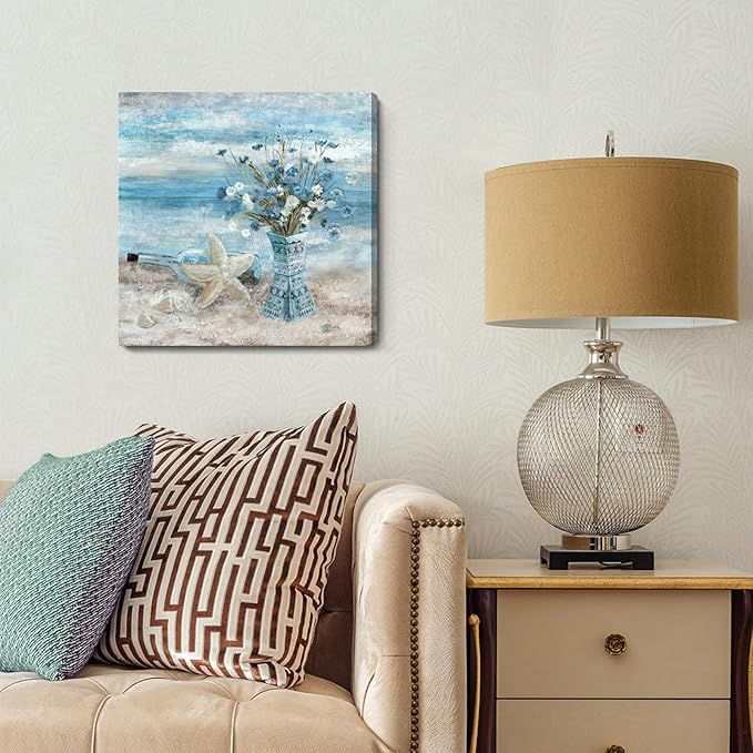 Bathroom Decor Wall Art Blue Beach Picture Ocean Theme Flower Canvas Print Modern Coastal Seascape Painting Framed Seaside Artwork Floral Daisy in Indian Vase for Home Sea Lake Bedroom 14x14inch