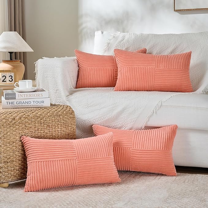 Fancy Homi 4 Packs Coral Lumbar Decorative Throw Pillow Covers 12x20 Inch for Living Room Couch, Rustic Farmhouse Boho Home Decor, Soft Striped Corduroy Rectangle Accent Peach Cushion Case 30x50 cm