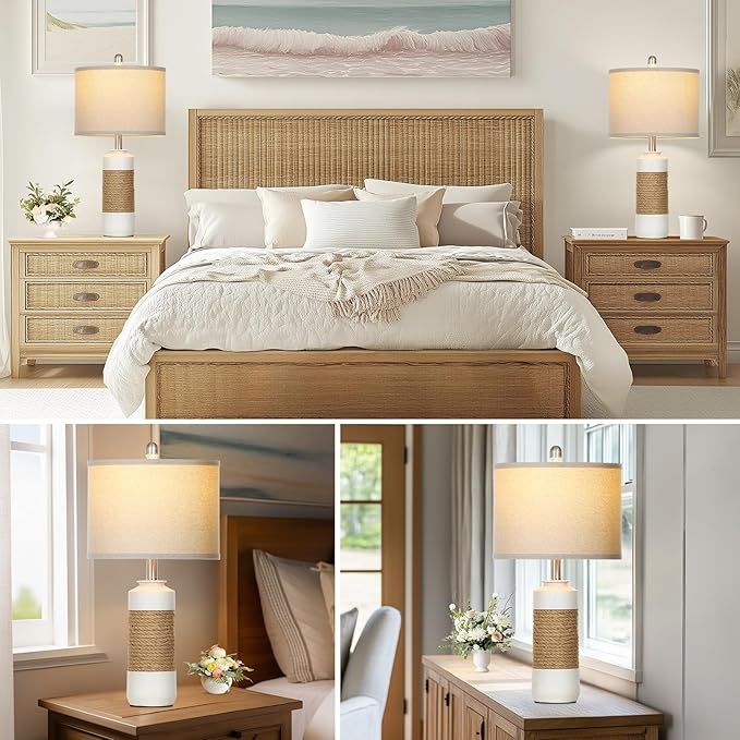 Boho Table Lamps for Bedroom Nightstand 25.5" Farmhouse Bedside lamp Set of 2,Rattan Lamps Cottage Lamps for Living Room End Table Side Table (Include Bulbs)