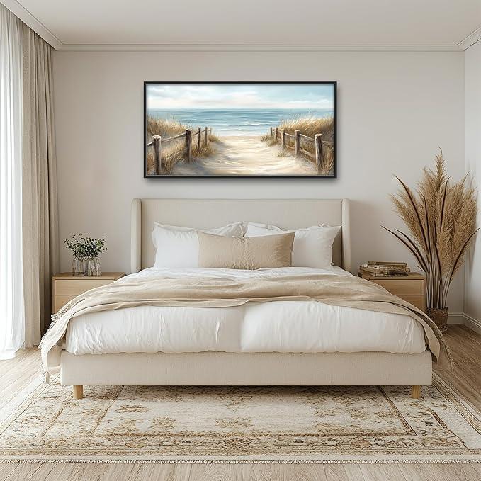 Olivine Beach Large Wall Art, Coastal Seascape Pictures Wall Decor, Nautical Paintings, Sea Canvas Prints, Framed Artwork for Dining Room Bedroom Living Room Office Bathroom Home Decoration 60"x30"