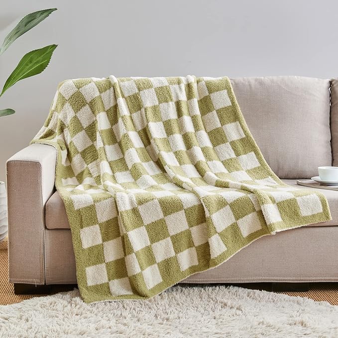 CozeCube Checkered Blanket, Ultra Soft Cozy Sage Green and White Throw Blanket, Warm Cozy Knit Fuzzy Plush Checkerboard Throw for Couch Bed Sofa, 50"x60"