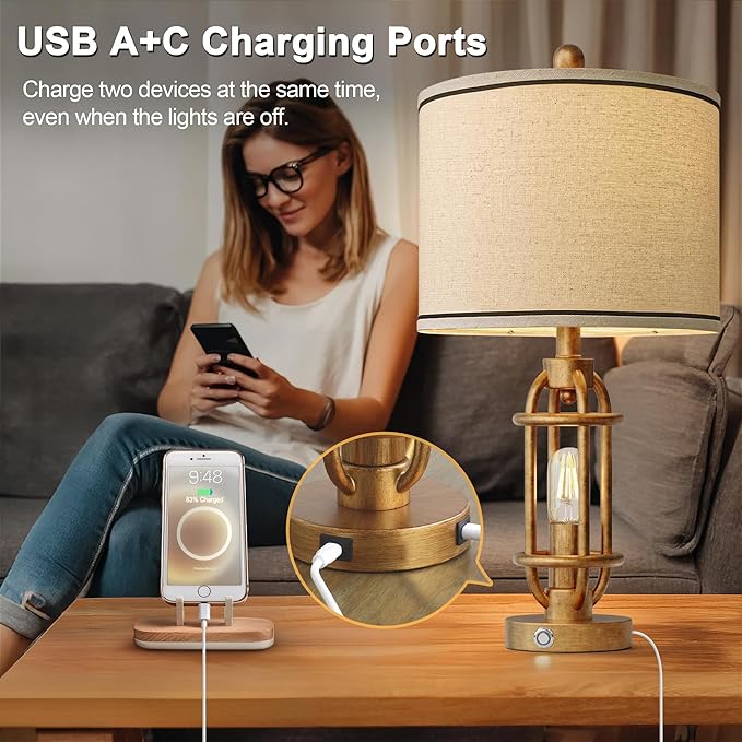 23.75'' Table Lamps Set of 2 for Living Room Bedroom Industrial Farmhouse Metal Touch Lamps with USB A+C Ports, Night Light Vintage Nightstand Bedside Lamp, Bulbs Included, Antique Gold