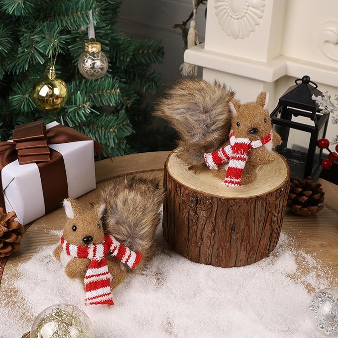 winemana Christmas Squirrel Table Decor, Set of 2 Squirrel Ornaments Woodland Animals Figurine with Scarf Christmas Winter Holiday Decorations for Indoor Home Mantle Office Xmas Gifts