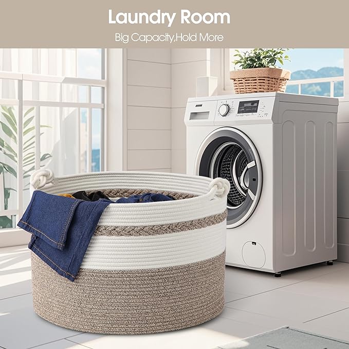 Large Blanket Basket,20''x13'' Storage Basket for Living Room;Toy storage for Organizing,Baby Hamper,Kids Organizer,Woven rope basket;Nursery Storage Bin,White+Dark Brown