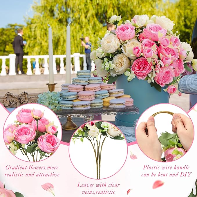 Geosar 8 Bundles Artificial Peonies Flowers Fake Silk Peony Bouquet Faux Peonies Flowers Bulk for Decoration Vase Florals Arrangements Wedding Party Table (Pink,Champagne)