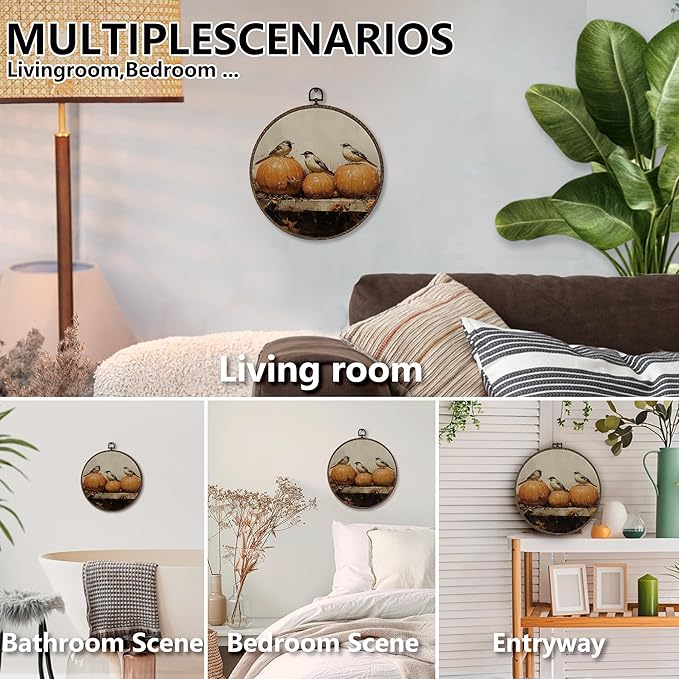 XNXLDYLH Vintage Fall Pumpkin Bird Round Framed Wall Art Decor, Cottagecore Harvest Antique Hanging Wall Decor Decorations, Rustic Fall Autumn Canvas Prints Wall Art Paintings for Living Room, 10x10In