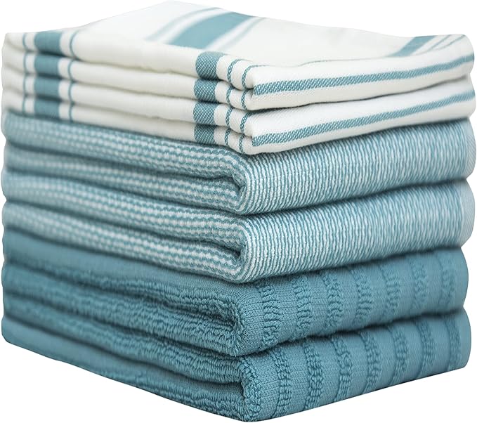 Premium Kitchen Towels (20”x 28”, 6 Pack) – Large Cotton Kitchen Hand Towels – Flat & Terry Towel – Highly Absorbent Tea Towels Set with Hanging Loop (Aqua)