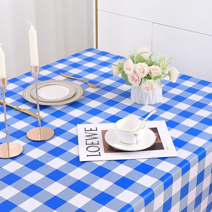misaya Rectangle Waterproof Vinyl Table Cloth, Buffalo Flannel Backed Tablecloth, Wipeable Plastic Table Cover for Seaside, Picnic, Outdoor (60" x 120", White and Blue)