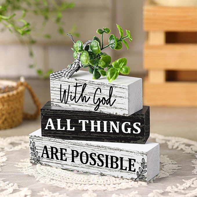 Geelin 4 Pcs Christian Wooden Sign Farmhouse Rustic Eucalyptus Leaves Wood Block Sign Table Centerpiece Religious Tiered Tray Decor Centerpiece Decor for Home Summer