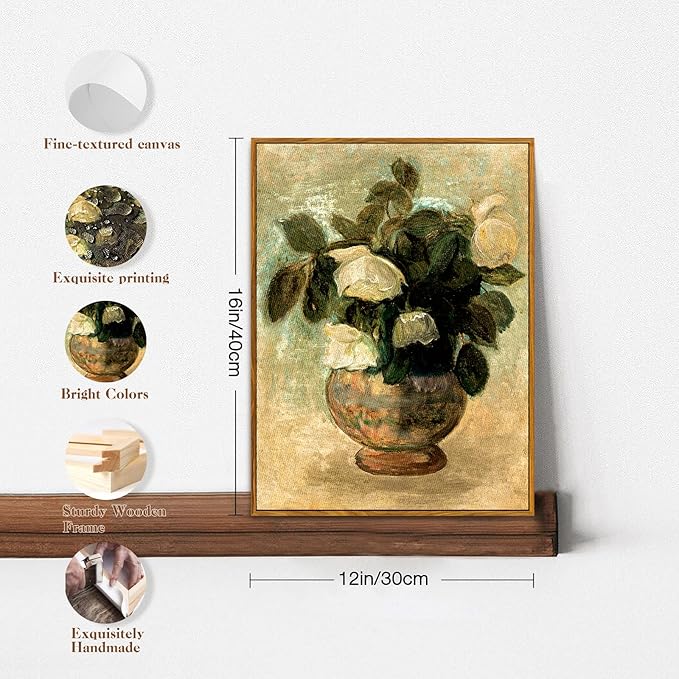 crmotu Vintage Framed Wall Art, White Rose Classical Oil Paintings, Botanical Floral Canvas Prints, French Country Aesthetic Pictures Wall Decor Living Room Bedroom Kitchen Office Farmhouse 12x16in
