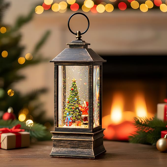 Christmas Snow Globe Lantern Water Glittering Christmas Tree Gifts with Music & Timer, USB Lined/Battery Operated Lighted Lantern for Christmas Festival Decorations