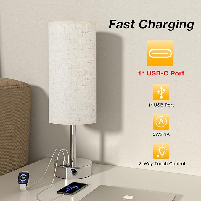 Dicoool Touch Table Lamp for Bedroom Nightstand - Bedside Lamp with USB-C USB-A Charging Ports White, 3 Way Dimmable Small Desk Lamp for Bedroom, Dorm Room, Office, Living Room, Reading, Bathroom