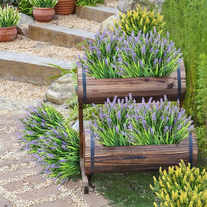 N&T NIETING 6 Bundles Artificial Plants Outdoor, Fake Monkey Grass with Flowers, UV Resistant Fake Plants for Garden Window Office Patio Hanging Planter Pathway Front Porch Home(Purple)