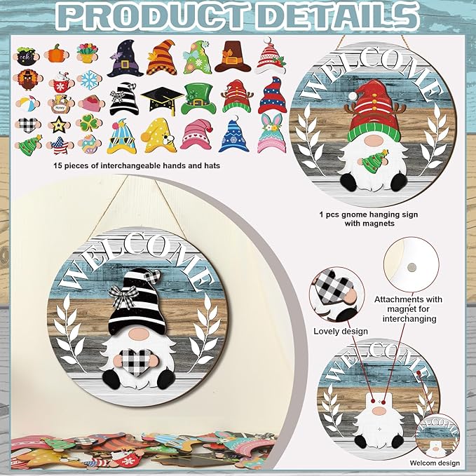 Qunclay Interchangeable Wooden Gnome Decor Holiday Seasonal Gnome Decorations with Magnet Pieces and Detachable Hats Changeable Welcome Sign for Home(Cute Style)
