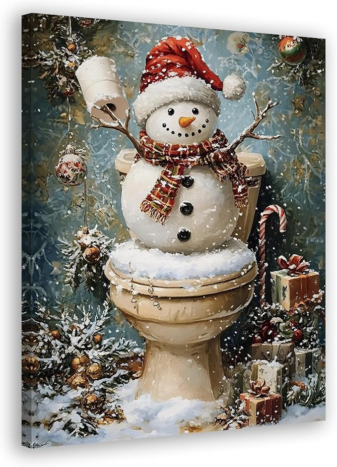 FITIE Funny Christmas Snowman Bathroom Canvas Wall Art Poster, Vintage Humor Holiday Winter Xmas Framed Artwork Prints Wall Decor for Bathroom Washroom Restroom Toilet, 11x14 Inch