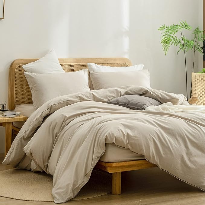 BESTOUCH Duvet Cover Set 100% Washed Cotton Linen Feel Super Soft Comfortable Chic Lightweight 3 PCs Home Bedding Set Solid Almond Milk Grey King