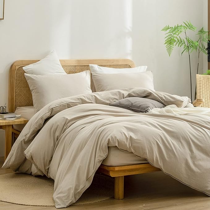 BESTOUCH Duvet Cover Set 100% Washed Cotton Linen Feel Super Soft Comfortable Chic Lightweight 3 PCs Home Bedding Set Solid Almond Milk Grey Full/Double