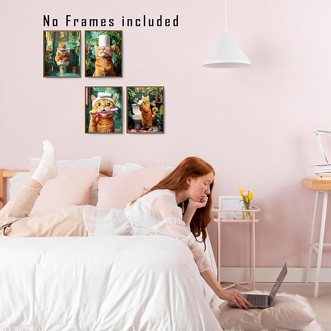FITIE Funny Orange Cat Bathroom Wall Art Prints Set of 4, Tropical Botanical Funny Orange Cat on Toilet Wall Art Posters for Bathroom Washroom Restroom Decor, 8x10 Unframed