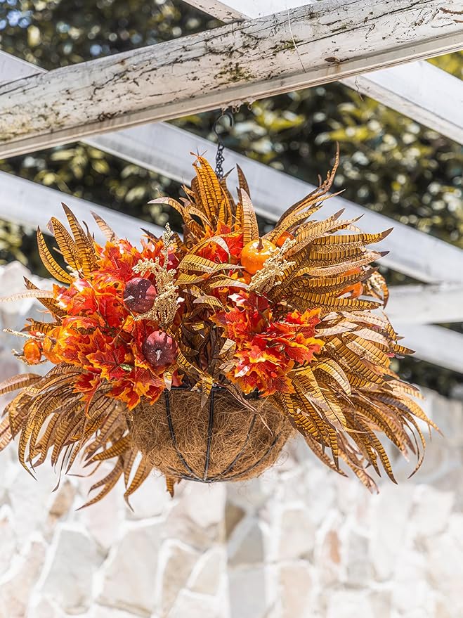 15pcs Outdoor Fall Artificial Branch with Pumpkin, Feather and Maple Leaves for Indoor Outside Hanging Plants Garden Porch Window Box Home Wedding Farmhouse Décor