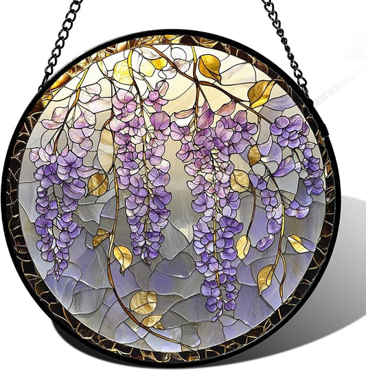 Stained Glass Window Hanging - Wisteria Flower Golden Leaves Sun Catcher for Door Home Decor Plant Suncatcher Christmas Mother's Day Birthday Gifts for Women Men Lovers Mom Nana 6.3 in