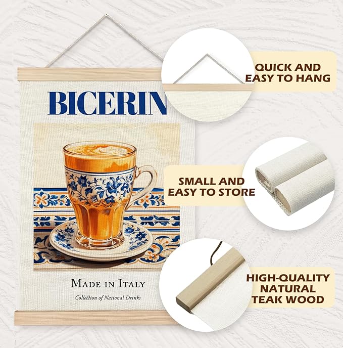 Yomisex Italy Bicerin Brazil Caipirinha Wall Art Poster, Traditional Italian and Brazilian Beverage on Maiolica Tiles Canvas Prints Wall Art Framed for Kitchen Bar Decor, 12x16 Inch Set of 2