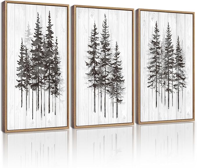 KUVIOKE Modern Pine Tree Framed Wall Decor Nature Forest Wall Decor Vintage Rustic Minimalist Paints for Farmhouse Bedroom Dining Room Decor16x24in (Natural Framed)