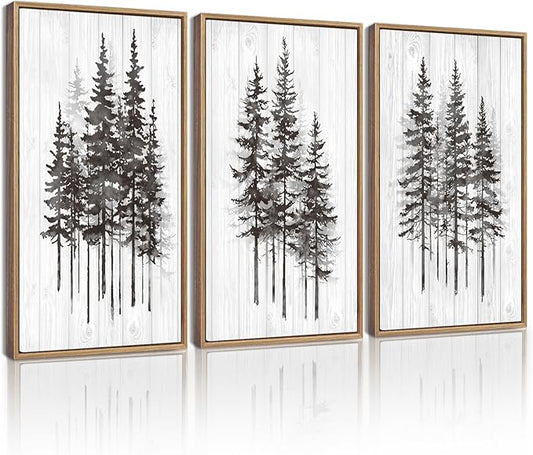 KUVIOKE Modern Pine Tree Framed Wall Decor Nature Forest Wall Decor Vintage Rustic Minimalist Paints for Farmhouse Bedroom Dining Room Decor16x24in (Natural Framed)