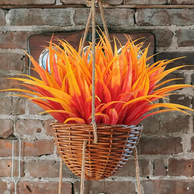 8 pcs Fall Artificial Flowers for Decoration, Fake Artificial Tall Grass Plants for Outdoors, Orange Faux Tropical Greenery Autumn Front Porch Patio Garden Outside Plastic Shrubs Bushes