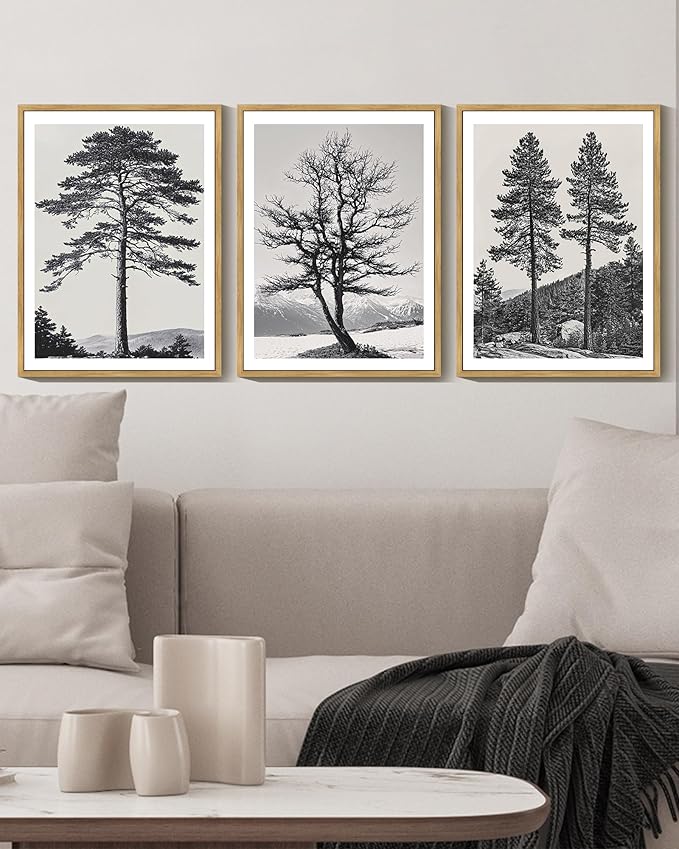 KUVIOKE Vintage Black Gray Forest Wall Art Framed Antique Retro Tree Prints Modern Rustic Artwork Bedroom Living Room Ready to Hang 11x14in (Natural Framed)