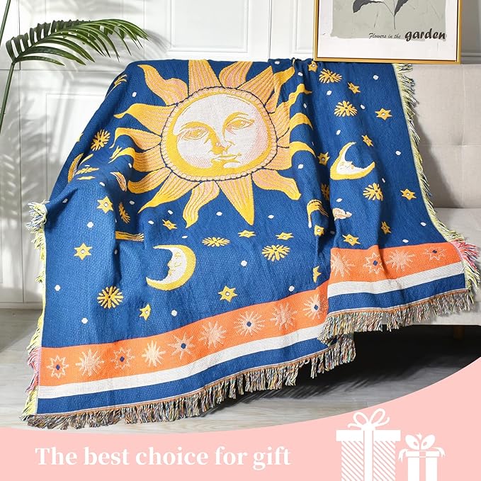 Boho Throw Blanket Reversible Cotton Bohemian Tapestry Hippie Room Decor Outdoor Blanket Double Sided (Boho Sun Blue 50"x60")