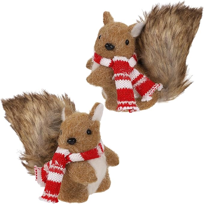 winemana Christmas Squirrel Table Decor, Set of 2 Squirrel Ornaments Woodland Animals Figurine with Scarf Christmas Winter Holiday Decorations for Indoor Home Mantle Office Xmas Gifts