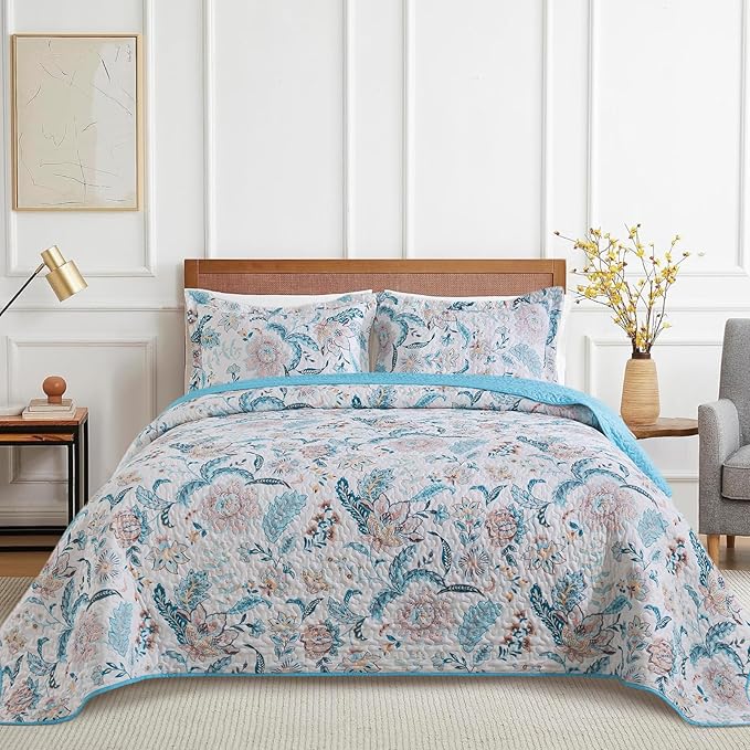 VAPUTAR Garden Queen Size Bedspread for Adults - Floral Quilt Queen Size Bedding Set (90 x 98 inch) with 2 Pillow Shams - Lightweight Reversible Coverlet Quilt for Bedroom, 3 Pieces