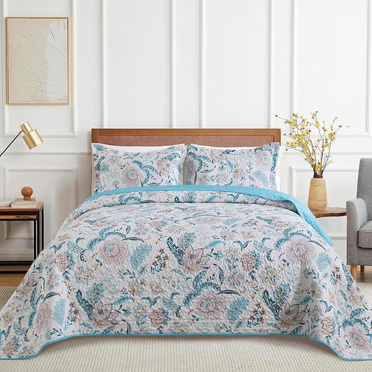 VAPUTAR Garden King Size Bedspread for Adults - Floral Quilt King Size Bedding Set (98 x 106 inch) with 2 Pillow Shams - Lightweight Reversible Coverlet Quilt for Bedroom, 3 Pieces