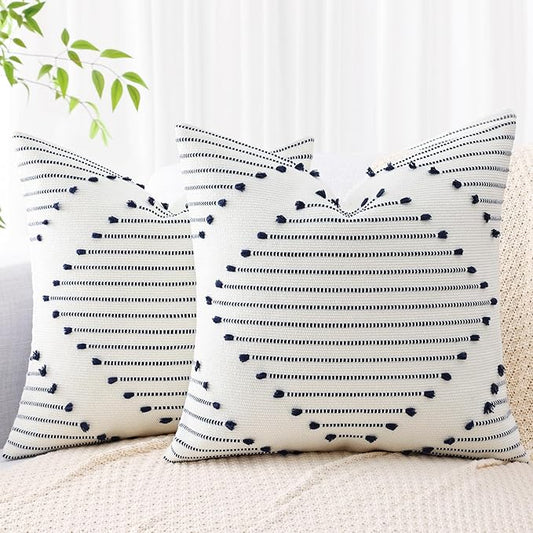 Mecatny Boho Outdoor Throw Pillow Covers 20X20 Set of 2, Farmhouse Decorative Pillow Covers for Couch Sofa Living Room, Navy & Cream White