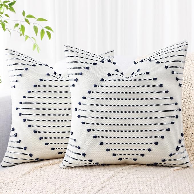 Mecatny Boho Outdoor Throw Pillow Covers 18X18 Set of 2, Farmhouse Decorative Pillow Covers for Couch Sofa Living Room, Navy & Cream White