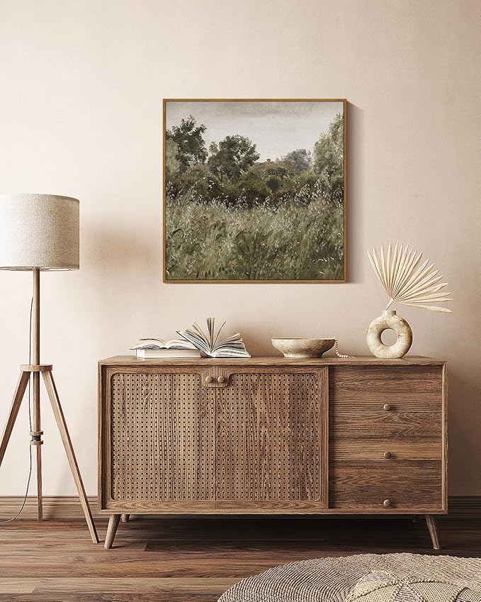 InSimSea Square Framed Canvas Wall Art, Large Decor Field of Oats Grassland Paintings, Nature Scenery Wall Pictures for Bedroom Living Room, Canvas Prints Vintage Country Decor 20"x20"