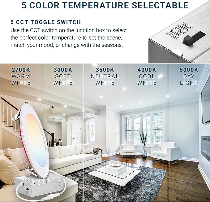 PARMIDA (6 Pack) 6 Inch 2HR Fire Rated LED Recessed Light, ETL, 5 Color Selectable 2700/3000/3500/4000/5000K, 12W Dimmable Ultrathin Canless Wafer Slim Panel Downlight, Wet/IC Rated, No Tenmat Needed