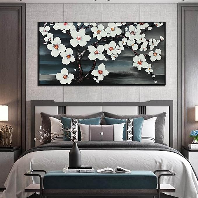 Hand Painted Flower Painting Wall Art for Bedroom - Framed Wall Art for Kitchen Dining Room Wall Decor - Modern House Decor for Women Size 29" x 59"