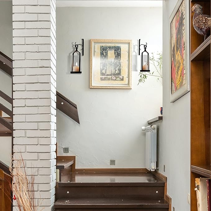 Hanging Hurricane Glass Wall Sconce Candle Holder Black Metal Wall Decorations Set of 2 HLJ15-291B2