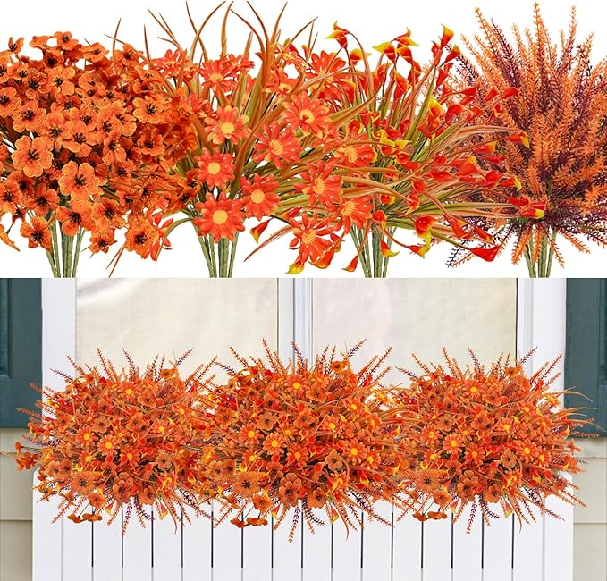 Uieke 36PCS Artificial Mums Outdoor Fall Fake Plastic Flowers Fake Autumn Plants No Fade for Outside Window Box Porch Planters Farmhouse Garden Decor
