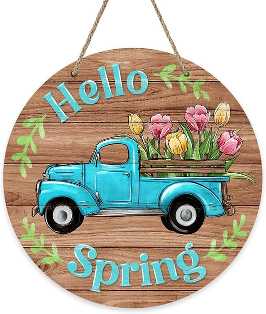 Deroro Hello Spring Blue Truck Sign for Front Door Decor, Tulip Flowers Pickup Wood Door Hanger for Outdoor Outside Porch, Rustic Farmhouse Wooden Wreath Indoor Wall Hanging Decoration