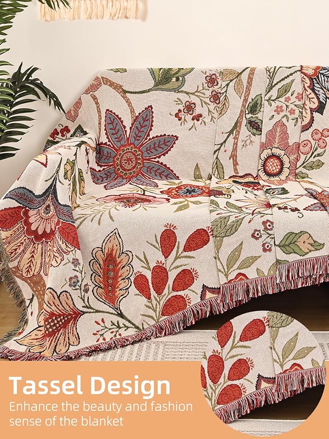 Boho Throw Blanket for Bed Couch Sofa Reversible Cotton Bohemian Travel Quilt Mexican Muslin Blanket Tapestry Hippie Room Decor Outdoor Blanket Double Sided (Boho Flower Dark 4 60"x80")
