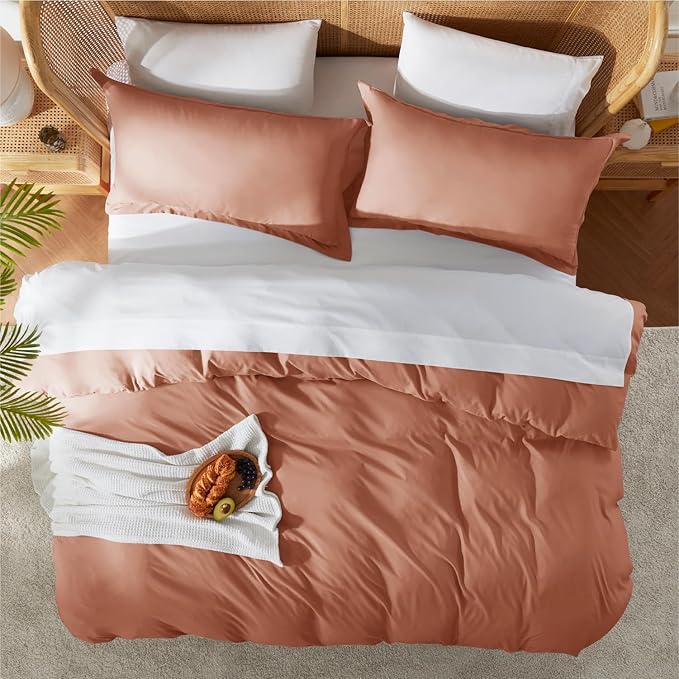 Nestl Full Duvet Cover Set with Comforter Insert - Rust 4 Piece 80x90 Duvet Cover & 2 Pillow Shams with White Quilted Down Alternative Comforter, Ultra Soft, All Season