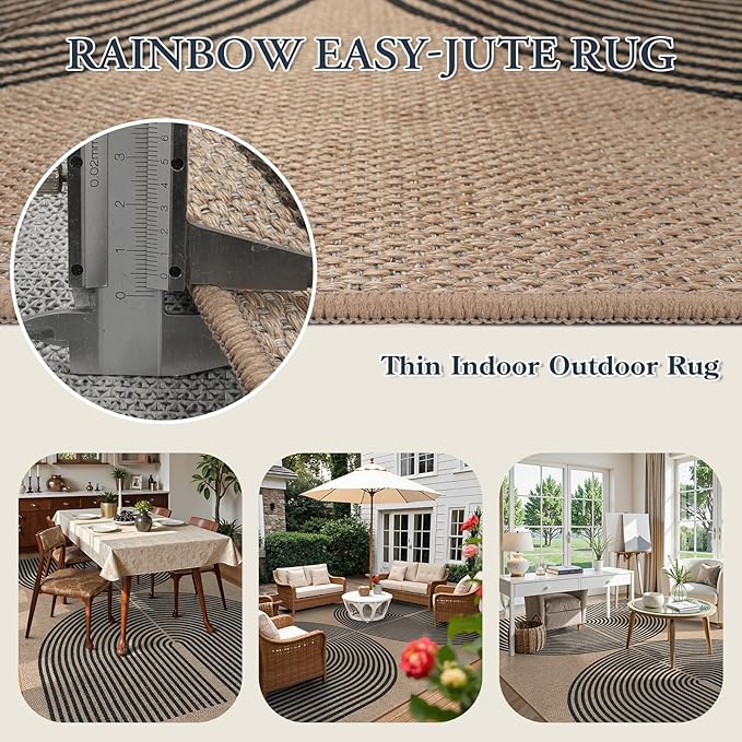 Lahome Modern Rainbow Easy Jute 9x12 Rug, Large Outdoor Patio Rug Farmhouse Indoor Outdoor Living Room Carpet, Contemporary Non Slip Non Shedding Nature Carpet for Dining Room Basement Backyard