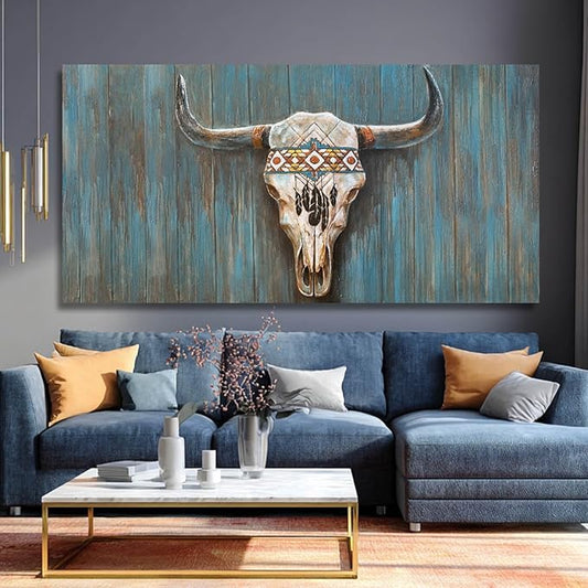 Cow Home Decor White and Blue Wall Art Modern Wall Decorations 29"x58" Large Artwork for Living Room Office Poster Printing