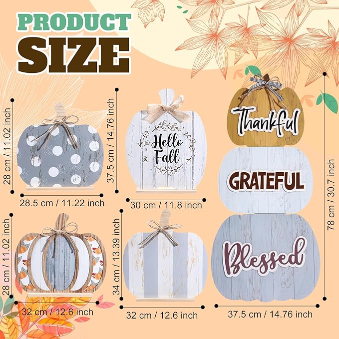 Bucherry 5 Set Fall Porch Decoration Pumpkin Wood Porch Standings Thankful Grateful Blessed Hello Fall Welcome Sign Decor with Base for Thanksgiving Festival Home Front Door Garden(Grey Style)