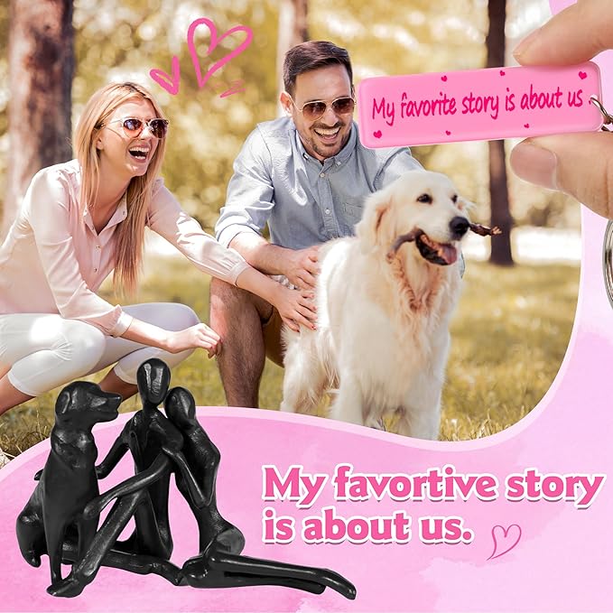 Sweet Couple & Dog Statue Cast Iron Sculpture Decor, Wedding Anniversary Love Gifts for Couple Women Men Wife Husband Her Him Girlfriend Boyfriend, for Wife Husband Birthday